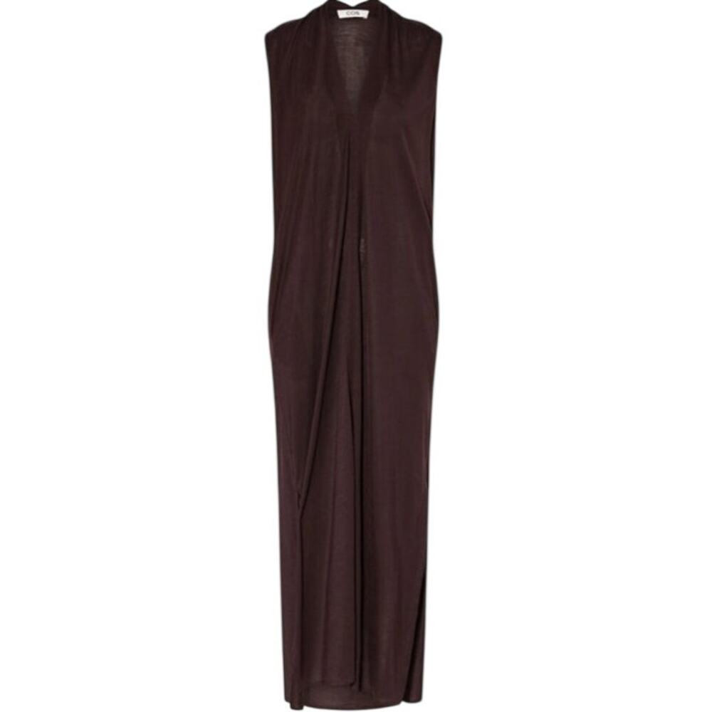 COS Brown Lyocell Jersey Maxi Dress L Deep V Neck Draped Minimalist Pockets